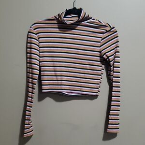 Divided Striped Long Sleeve Cropped Turtleneck Top Size Small